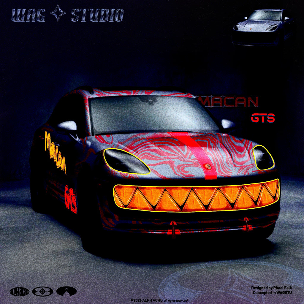 A stylized promotional graphic for a custom Porsche Macan GTS car. The car has a black base with a red and white abstract pattern on the hood and roof, bright orange glowing front grille details, and yellow 'Macan GTS' lettering on the side.